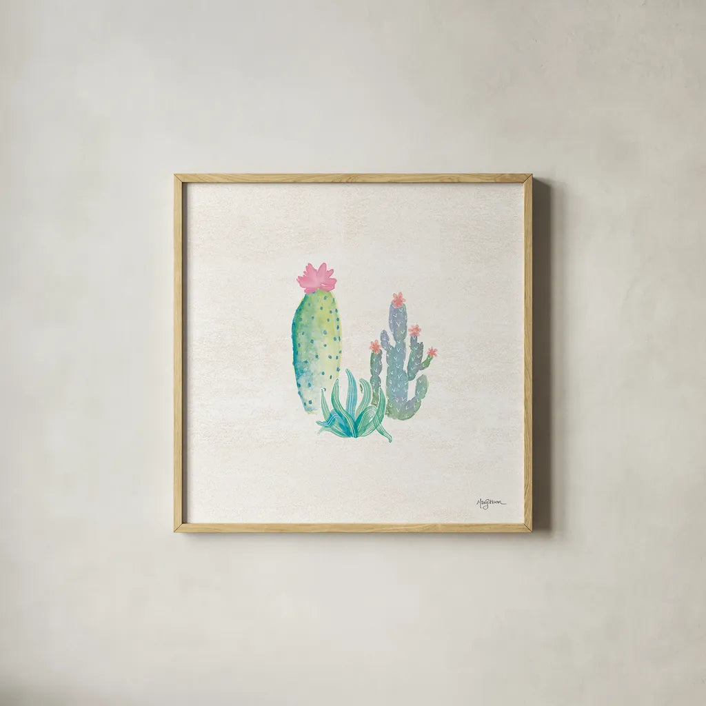 Bohemian Cactus V by Mary Urban. Shown in a natural wood glass frame for a timeless modern aesthetic. Available as an archival giclee rolled canvas, fine art paper, or poster print. SKU 46235a.