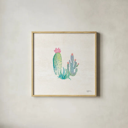 Bohemian Cactus V by Mary Urban. Shown in a natural wood glass frame for a timeless modern aesthetic. Available as an archival giclee rolled canvas, fine art paper, or poster print. SKU 46235a.
