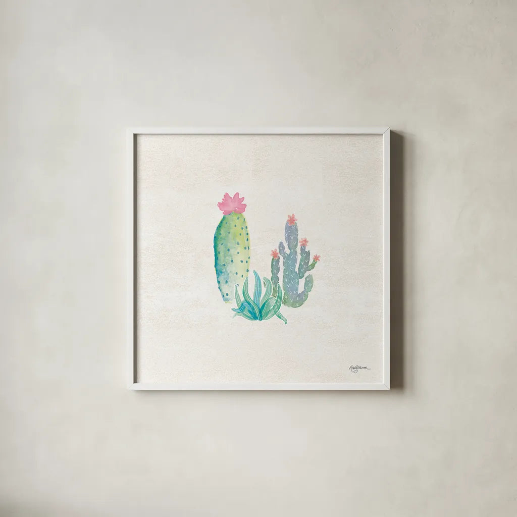 Bohemian Cactus V by Mary Urban. Shown in a crisp white glass frame for a clean and minimalist style. Available as an archival giclee rolled canvas, fine art paper, or poster print. SKU 46235a.