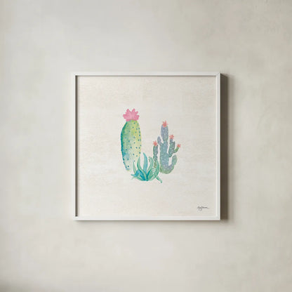 Bohemian Cactus V by Mary Urban. Shown in a crisp white glass frame for a clean and minimalist style. Available as an archival giclee rolled canvas, fine art paper, or poster print. SKU 46235a.