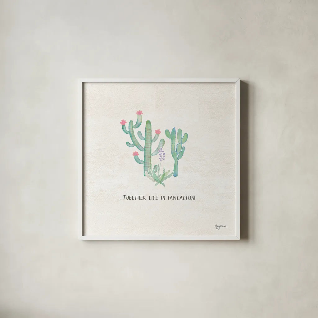 Bohemian Cactus VIII by Mary Urban. Shown in a crisp white glass frame for a clean and minimalist style. Available as an archival giclee rolled canvas, fine art paper, or poster print. SKU 46238a.