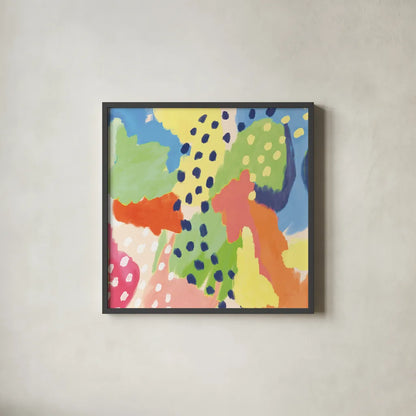 Bright Life I Blue Green Crop by Mary Urban. Shown in a sleek black glass frame for a contemporary gallery look. Available as an archival giclee rolled canvas, fine art paper, or poster print. SKU 52117a.