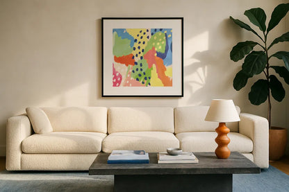 Bright Life I Blue Green Crop by Mary Urban. Displayed in a glass frame with matte in a clean modern living room. Available as an archival giclee rolled canvas, fine art paper, or poster print. SKU 52117a.