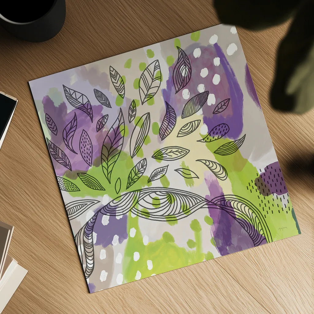 Bright Life I Purple Yellow Line Crop by Mary Urban. Shown as a detailed flat fine art print, highlighting archival giclee quality. Available as an archival giclee rolled canvas, fine art paper, or poster print. SKU 37501a.