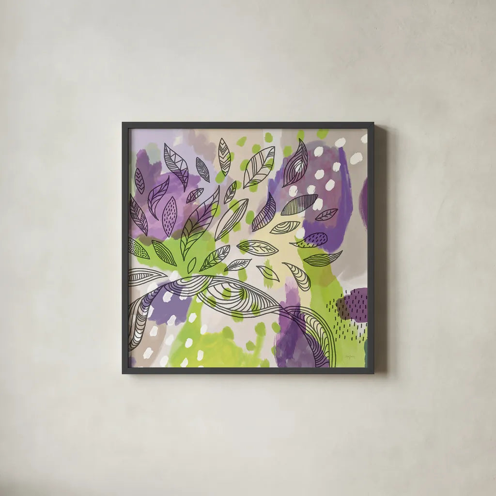 Bright Life I Purple Yellow Line Crop by Mary Urban. Shown in a sleek black glass frame for a contemporary gallery look. Available as an archival giclee rolled canvas, fine art paper, or poster print. SKU 37501a.