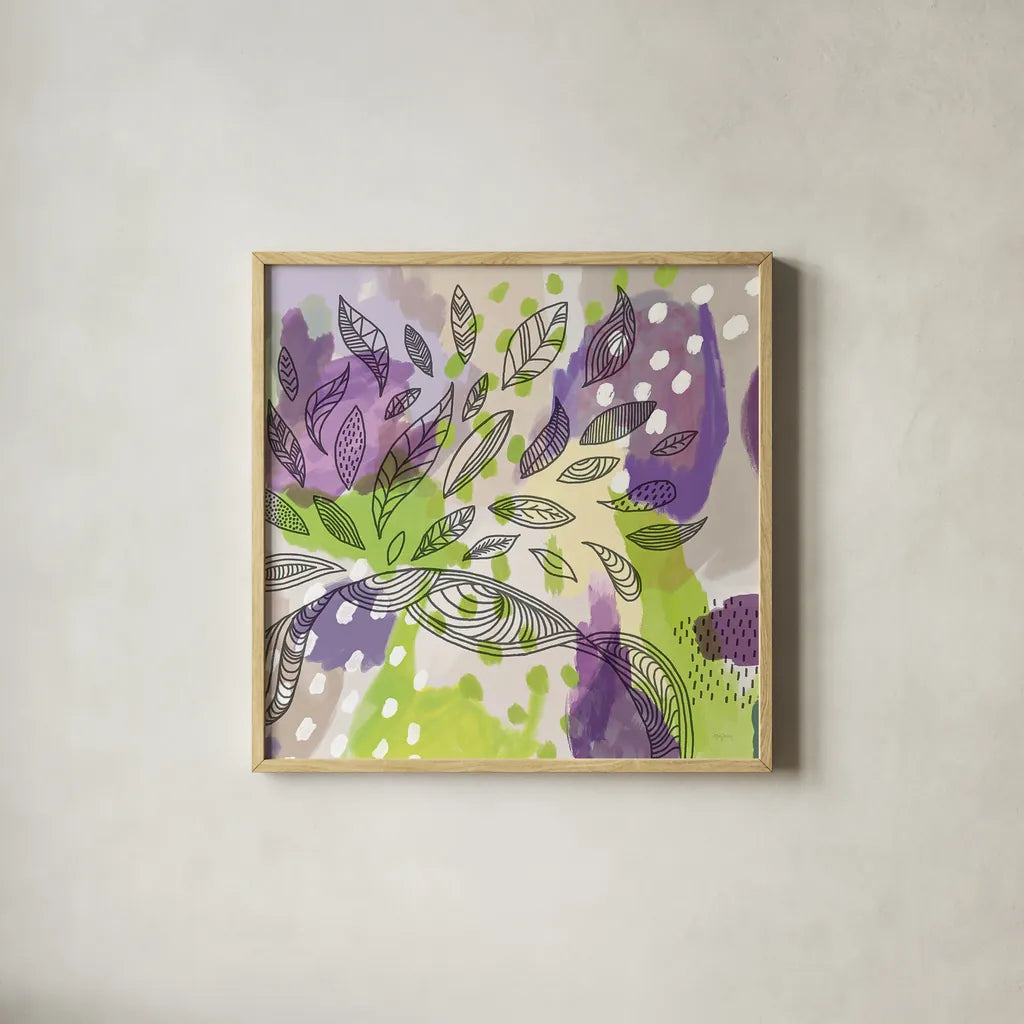 Bright Life I Purple Yellow Line Crop by Mary Urban. Shown in a natural wood glass frame for a timeless modern aesthetic. Available as an archival giclee rolled canvas, fine art paper, or poster print. SKU 37501a.
