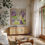 Bright Life I Purple Yellow Line Crop by Mary Urban. Shown in a natural wood frame in a cozy modern living room. Available as an archival giclee rolled canvas, fine art paper, or poster print. SKU 37501a.