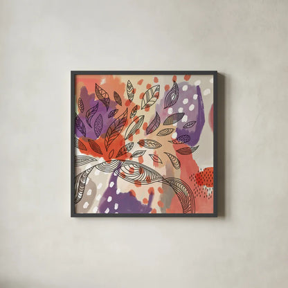 Bright Life I Red Yellow Line Crop by Mary Urban. Shown in a sleek black glass frame for a contemporary gallery look. Available as an archival giclee rolled canvas, fine art paper, or poster print. SKU 37498a.