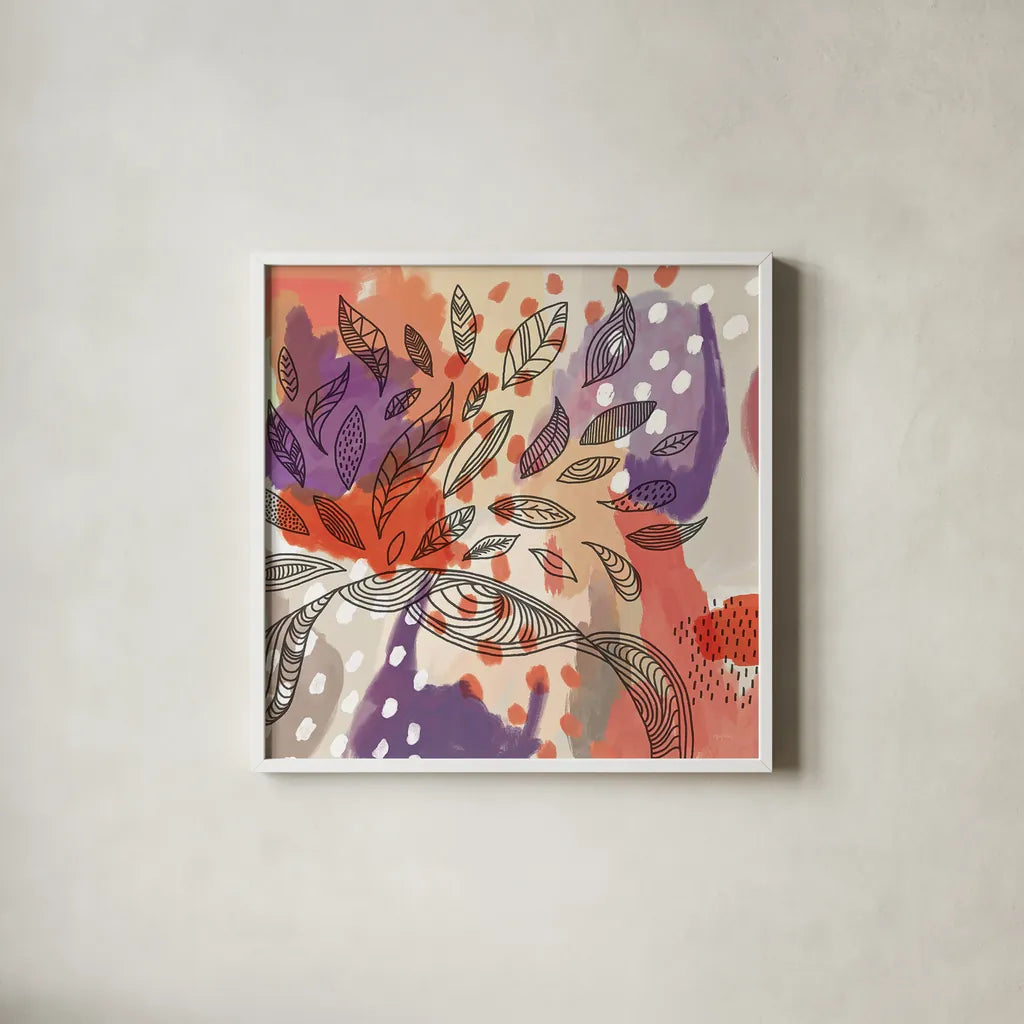 Bright Life I Red Yellow Line Crop by Mary Urban. Shown in a crisp white glass frame for a clean and minimalist style. Available as an archival giclee rolled canvas, fine art paper, or poster print. SKU 37498a.