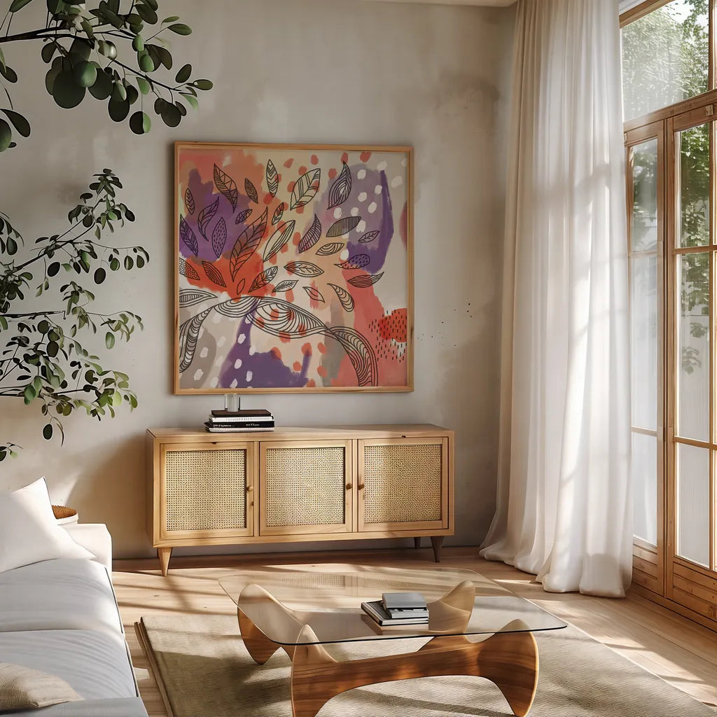 Bright Life I Red Yellow Line Crop by Mary Urban. Shown in a natural wood frame in a cozy modern living room. Available as an archival giclee rolled canvas, fine art paper, or poster print. SKU 37498a.