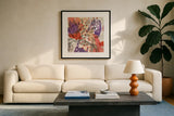 Bright Life I Red Yellow Line Crop by Mary Urban. Displayed in a glass frame with matte in a clean modern living room. Available as an archival giclee rolled canvas, fine art paper, or poster print. SKU 37498a.