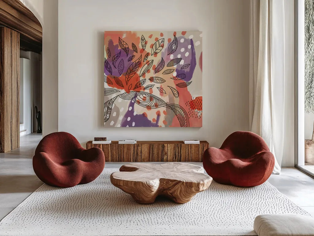 Bright Life I Red Yellow Line Crop by Mary Urban. Shown as extra-large giant wall art in a modern living room. Available as an archival giclee rolled canvas, fine art paper, or poster print. SKU 37498a.