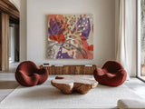 Bright Life I Red Yellow Line Crop by Mary Urban. Shown as extra-large giant wall art in a modern living room. Available as an archival giclee rolled canvas, fine art paper, or poster print. SKU 37498a.