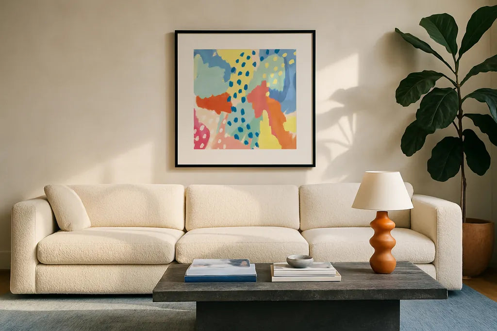 Bright Life I v2 Crop by Mary Urban. Displayed in a glass frame with matte in a clean modern living room. Available as an archival giclee rolled canvas, fine art paper, or poster print. SKU 37528a.