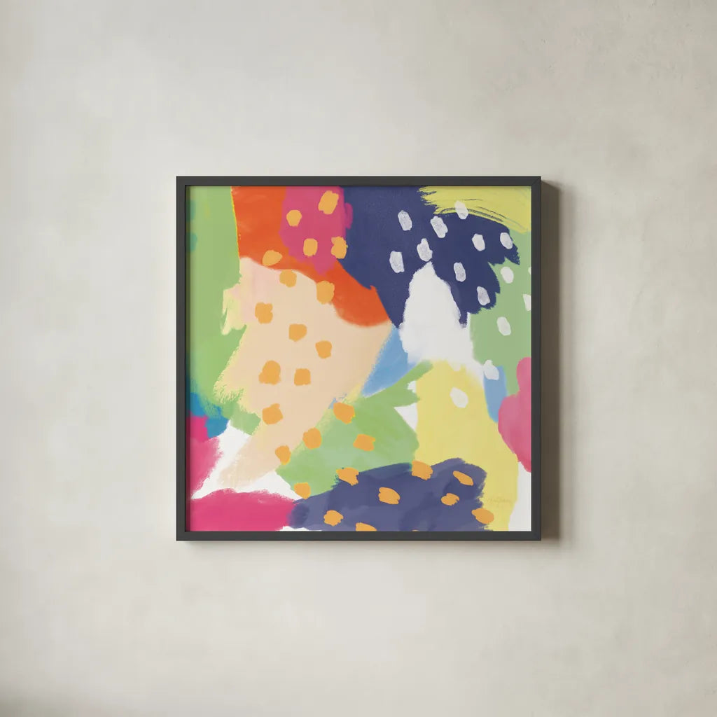 Bright Life II Blue Green Crop by Mary Urban. Shown in a sleek black glass frame for a contemporary gallery look. Available as an archival giclee rolled canvas, fine art paper, or poster print. SKU 52118a.