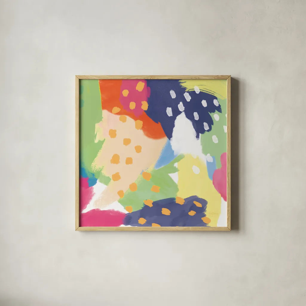 Bright Life II Blue Green Crop by Mary Urban. Shown in a natural wood glass frame for a timeless modern aesthetic. Available as an archival giclee rolled canvas, fine art paper, or poster print. SKU 52118a.