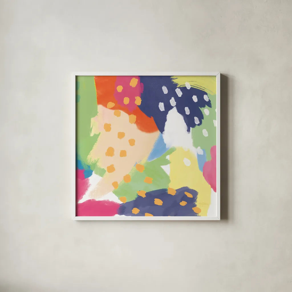 Bright Life II Blue Green Crop by Mary Urban. Shown in a crisp white glass frame for a clean and minimalist style. Available as an archival giclee rolled canvas, fine art paper, or poster print. SKU 52118a.