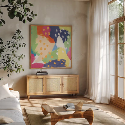 Bright Life II Blue Green Crop by Mary Urban. Shown in a natural wood frame in a cozy modern living room. Available as an archival giclee rolled canvas, fine art paper, or poster print. SKU 52118a.