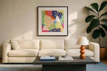 Bright Life II Blue Green Crop by Mary Urban. Displayed in a glass frame with matte in a clean modern living room. Available as an archival giclee rolled canvas, fine art paper, or poster print. SKU 52118a.