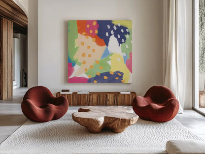 Bright Life II Blue Green Crop by Mary Urban. Shown as extra-large giant wall art in a modern living room. Available as an archival giclee rolled canvas, fine art paper, or poster print. SKU 52118a.