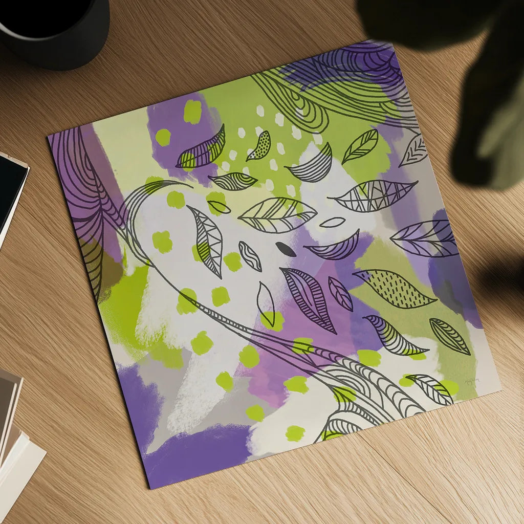 Bright Life II Purple Yellow Line Crop by Mary Urban. Shown as a detailed flat fine art print, highlighting archival giclee quality. Available as an archival giclee rolled canvas, fine art paper, or poster print. SKU 37502a.