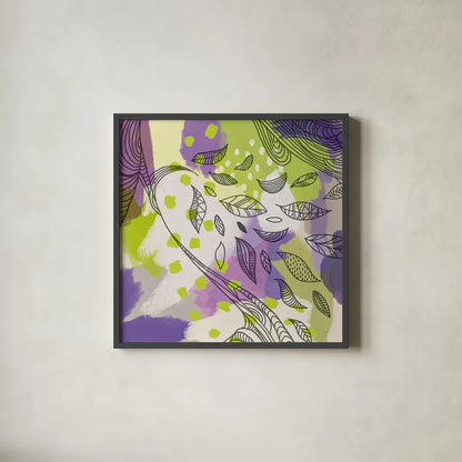 Bright Life II Purple Yellow Line Crop by Mary Urban. Shown in a sleek black glass frame for a contemporary gallery look. Available as an archival giclee rolled canvas, fine art paper, or poster print. SKU 37502a.