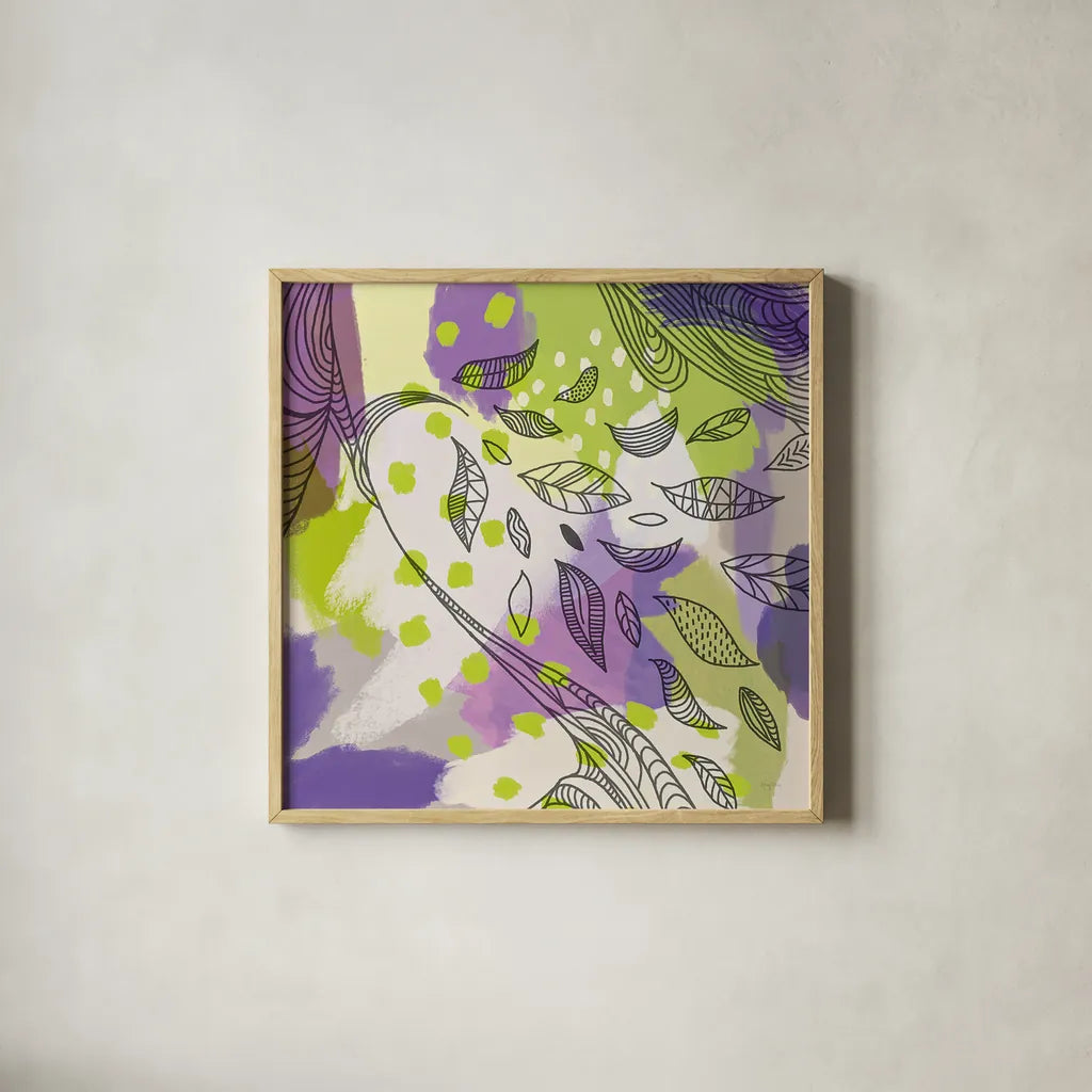 Bright Life II Purple Yellow Line Crop by Mary Urban. Shown in a natural wood glass frame for a timeless modern aesthetic. Available as an archival giclee rolled canvas, fine art paper, or poster print. SKU 37502a.