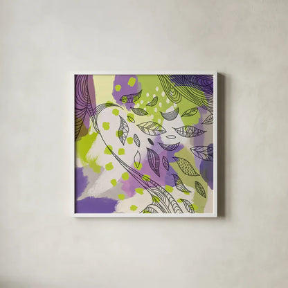 Bright Life II Purple Yellow Line Crop by Mary Urban. Shown in a crisp white glass frame for a clean and minimalist style. Available as an archival giclee rolled canvas, fine art paper, or poster print. SKU 37502a.