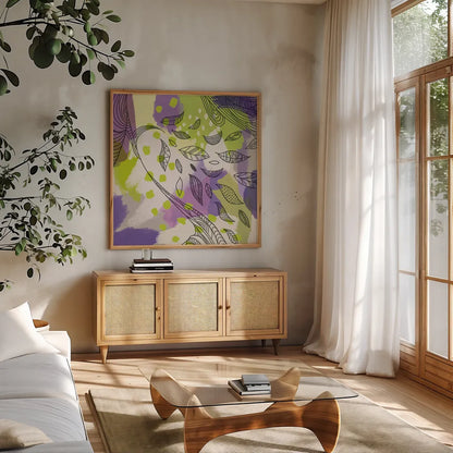 Bright Life II Purple Yellow Line Crop by Mary Urban. Shown in a natural wood frame in a cozy modern living room. Available as an archival giclee rolled canvas, fine art paper, or poster print. SKU 37502a.