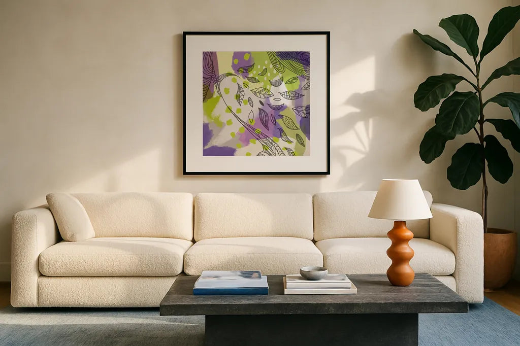 Bright Life II Purple Yellow Line Crop by Mary Urban. Displayed in a glass frame with matte in a clean modern living room. Available as an archival giclee rolled canvas, fine art paper, or poster print. SKU 37502a.