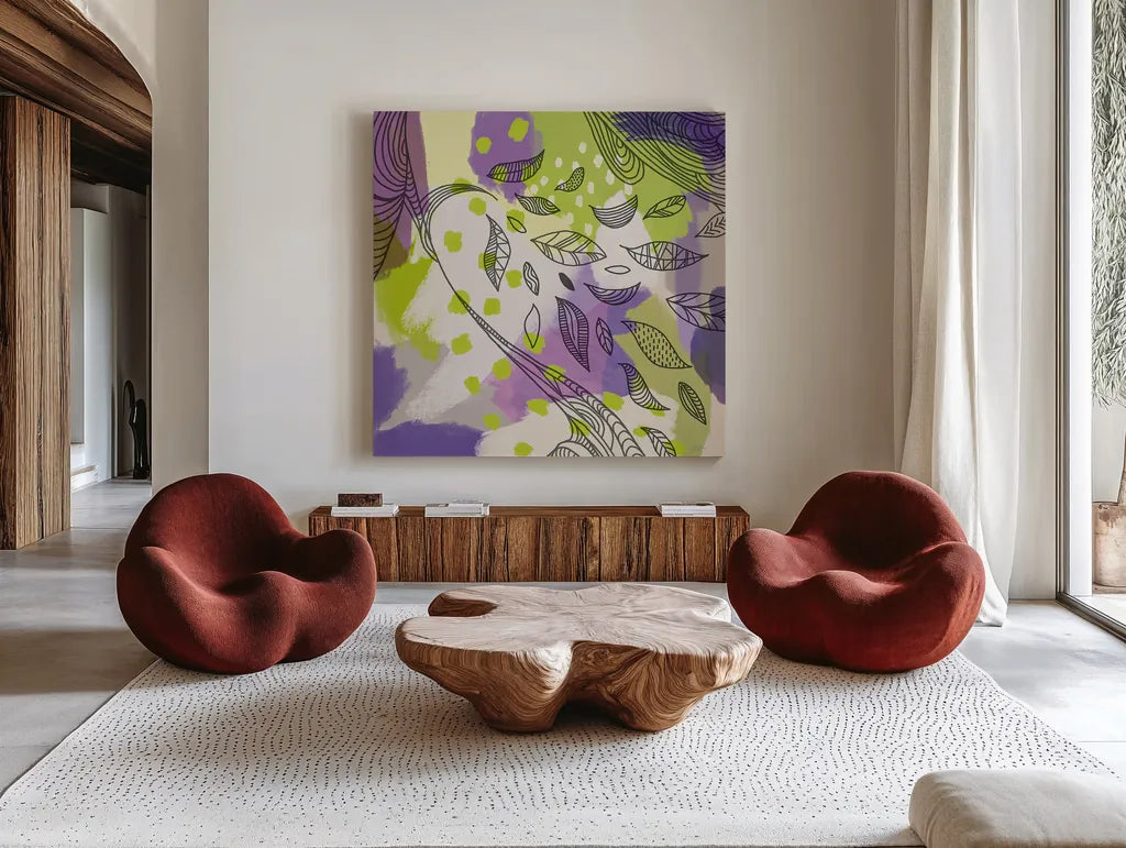 Bright Life II Purple Yellow Line Crop by Mary Urban. Shown as extra-large giant wall art in a modern living room. Available as an archival giclee rolled canvas, fine art paper, or poster print. SKU 37502a.