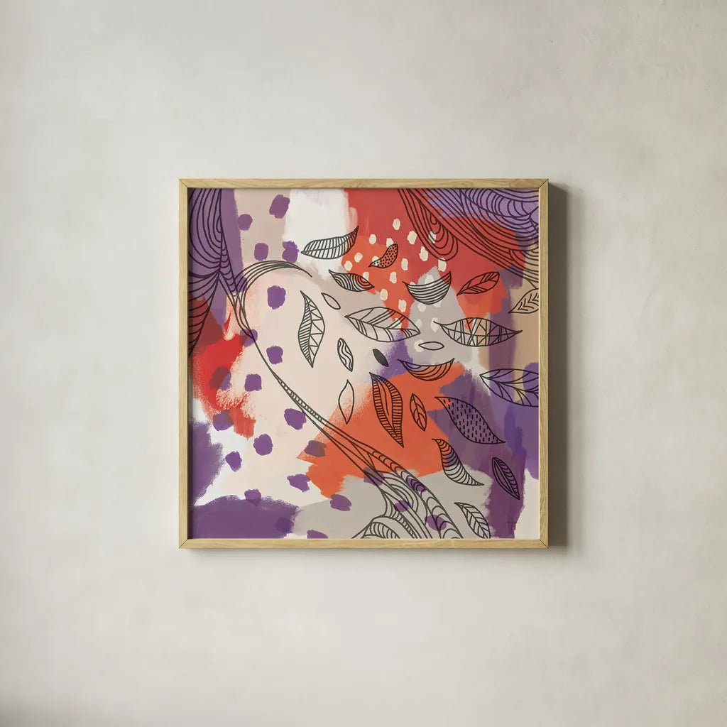 Bright Life II Red Yellow Line Crop by Mary Urban. Shown in a natural wood glass frame for a timeless modern aesthetic. Available as an archival giclee rolled canvas, fine art paper, or poster print. SKU 37499a.