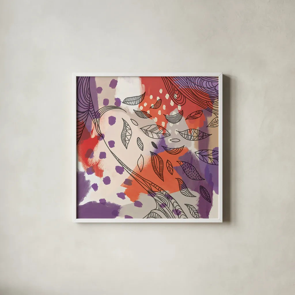 Bright Life II Red Yellow Line Crop by Mary Urban. Shown in a crisp white glass frame for a clean and minimalist style. Available as an archival giclee rolled canvas, fine art paper, or poster print. SKU 37499a.