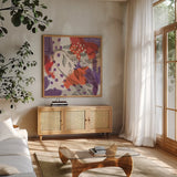 Bright Life II Red Yellow Line Crop by Mary Urban. Shown in a natural wood frame in a cozy modern living room. Available as an archival giclee rolled canvas, fine art paper, or poster print. SKU 37499a.