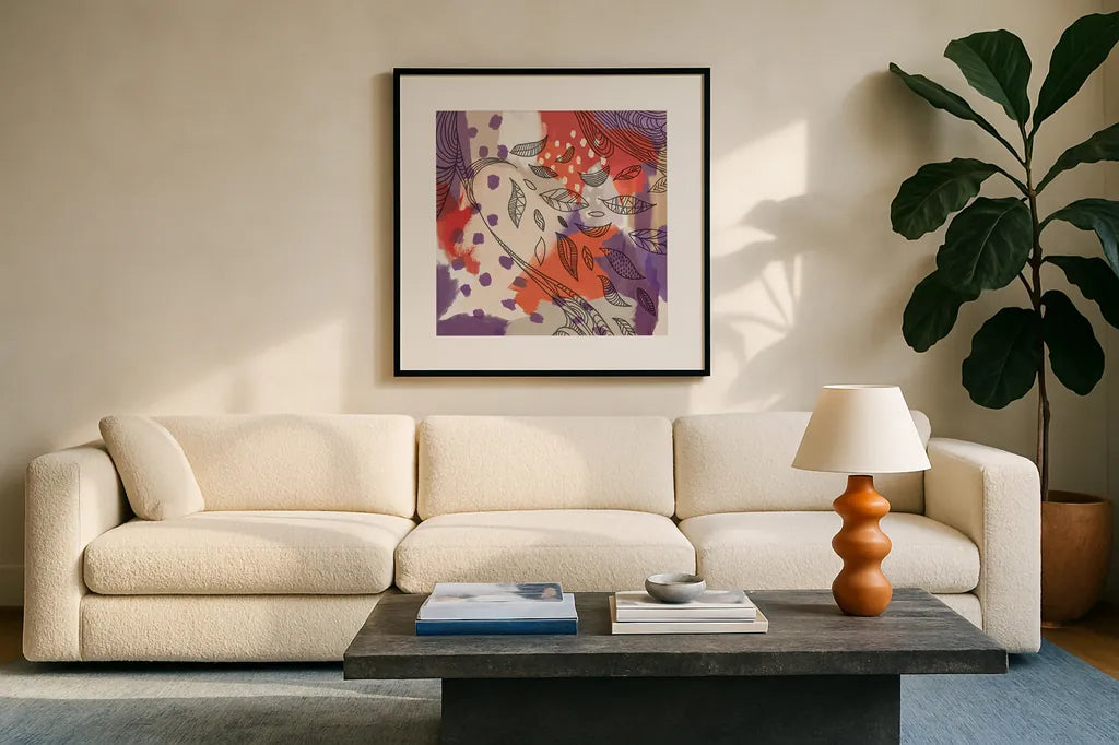 Bright Life II Red Yellow Line Crop by Mary Urban. Displayed in a glass frame with matte in a clean modern living room. Available as an archival giclee rolled canvas, fine art paper, or poster print. SKU 37499a.