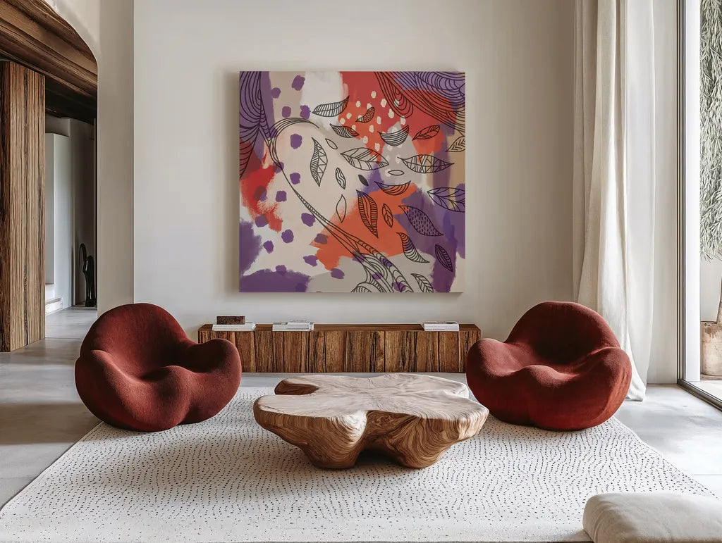 Bright Life II Red Yellow Line Crop by Mary Urban. Shown as extra-large giant wall art in a modern living room. Available as an archival giclee rolled canvas, fine art paper, or poster print. SKU 37499a.