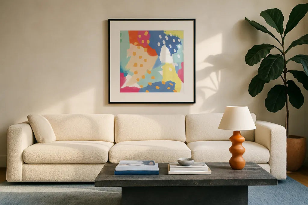 Bright Life II v2 Crop by Mary Urban. Displayed in a glass frame with matte in a clean modern living room. Available as an archival giclee rolled canvas, fine art paper, or poster print. SKU 37529a.