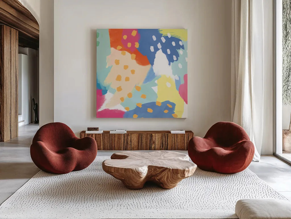 Bright Life II v2 Crop by Mary Urban. Shown as extra-large giant wall art in a modern living room. Available as an archival giclee rolled canvas, fine art paper, or poster print. SKU 37529a.