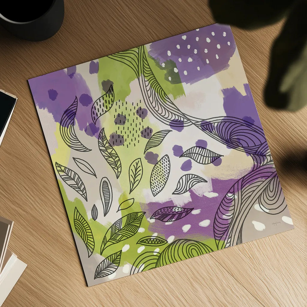 Bright Life III Purple Yellow Line Crop by Mary Urban. Shown as a detailed flat fine art print, highlighting archival giclee quality. Available as an archival giclee rolled canvas, fine art paper, or poster print. SKU 37503a.