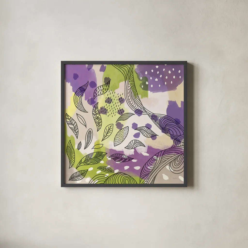 Bright Life III Purple Yellow Line Crop by Mary Urban. Shown in a sleek black glass frame for a contemporary gallery look. Available as an archival giclee rolled canvas, fine art paper, or poster print. SKU 37503a.