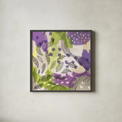 Bright Life III Purple Yellow Line Crop by Mary Urban. Shown in a sleek black glass frame for a contemporary gallery look. Available as an archival giclee rolled canvas, fine art paper, or poster print. SKU 37503a.