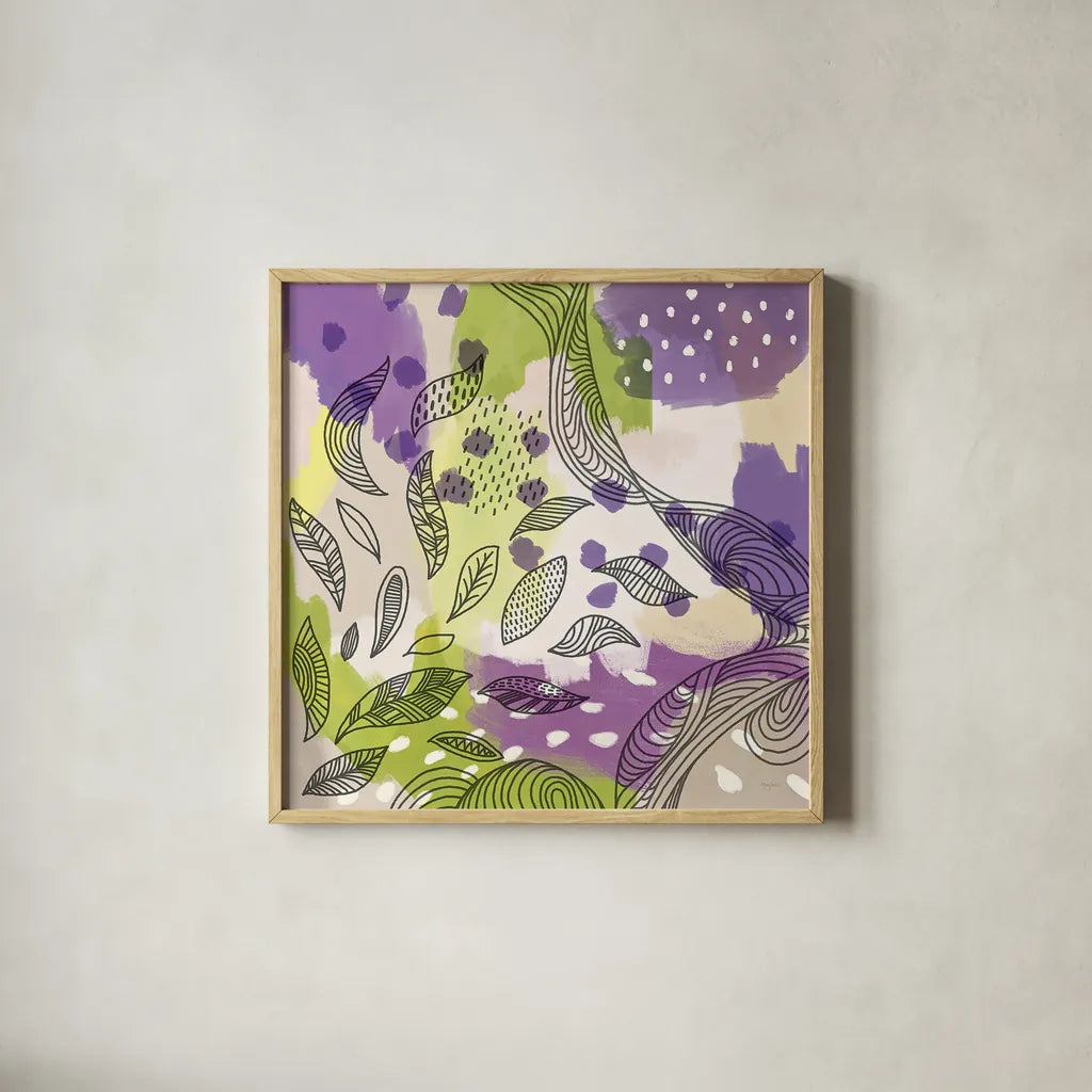Bright Life III Purple Yellow Line Crop by Mary Urban. Shown in a natural wood glass frame for a timeless modern aesthetic. Available as an archival giclee rolled canvas, fine art paper, or poster print. SKU 37503a.