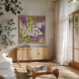 Bright Life III Purple Yellow Line Crop by Mary Urban. Shown in a natural wood frame in a cozy modern living room. Available as an archival giclee rolled canvas, fine art paper, or poster print. SKU 37503a.