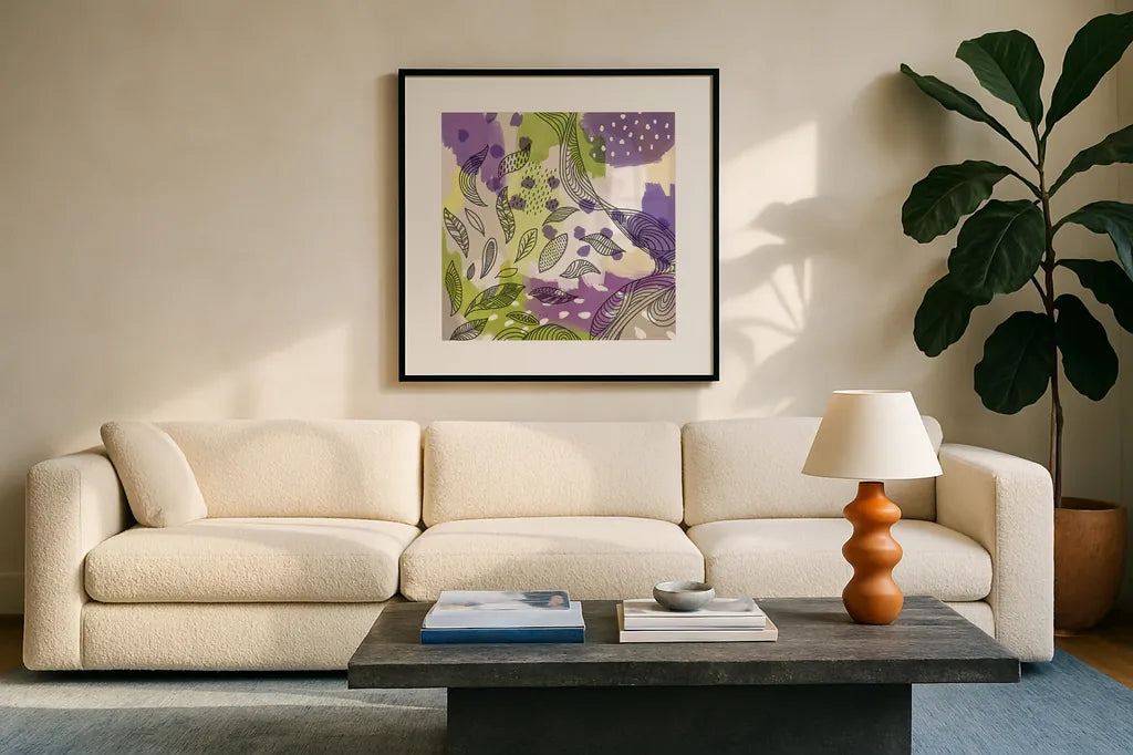 Bright Life III Purple Yellow Line Crop by Mary Urban. Displayed in a glass frame with matte in a clean modern living room. Available as an archival giclee rolled canvas, fine art paper, or poster print. SKU 37503a.