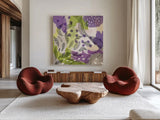 Bright Life III Purple Yellow Line Crop by Mary Urban. Shown as extra-large giant wall art in a modern living room. Available as an archival giclee rolled canvas, fine art paper, or poster print. SKU 37503a.