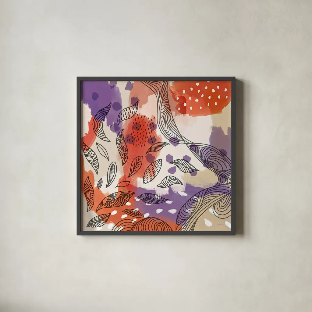 Bright Life III Red Yellow Line Crop by Mary Urban. Shown in a sleek black glass frame for a contemporary gallery look. Available as an archival giclee rolled canvas, fine art paper, or poster print. SKU 37500a.