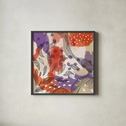 Bright Life III Red Yellow Line Crop by Mary Urban. Shown in a sleek black glass frame for a contemporary gallery look. Available as an archival giclee rolled canvas, fine art paper, or poster print. SKU 37500a.