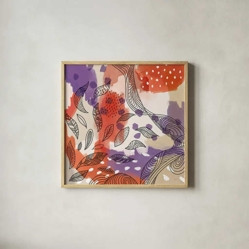 Bright Life III Red Yellow Line Crop by Mary Urban. Shown in a natural wood glass frame for a timeless modern aesthetic. Available as an archival giclee rolled canvas, fine art paper, or poster print. SKU 37500a.