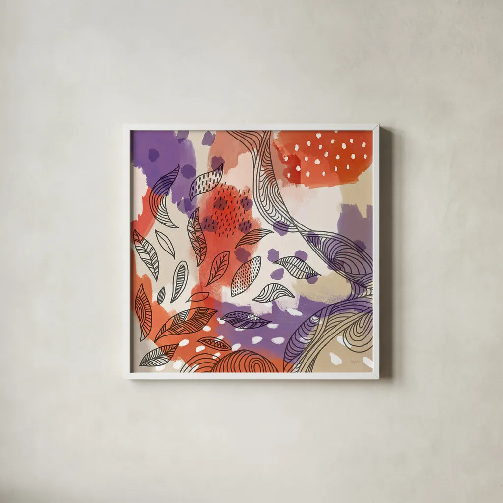 Bright Life III Red Yellow Line Crop by Mary Urban. Shown in a crisp white glass frame for a clean and minimalist style. Available as an archival giclee rolled canvas, fine art paper, or poster print. SKU 37500a.