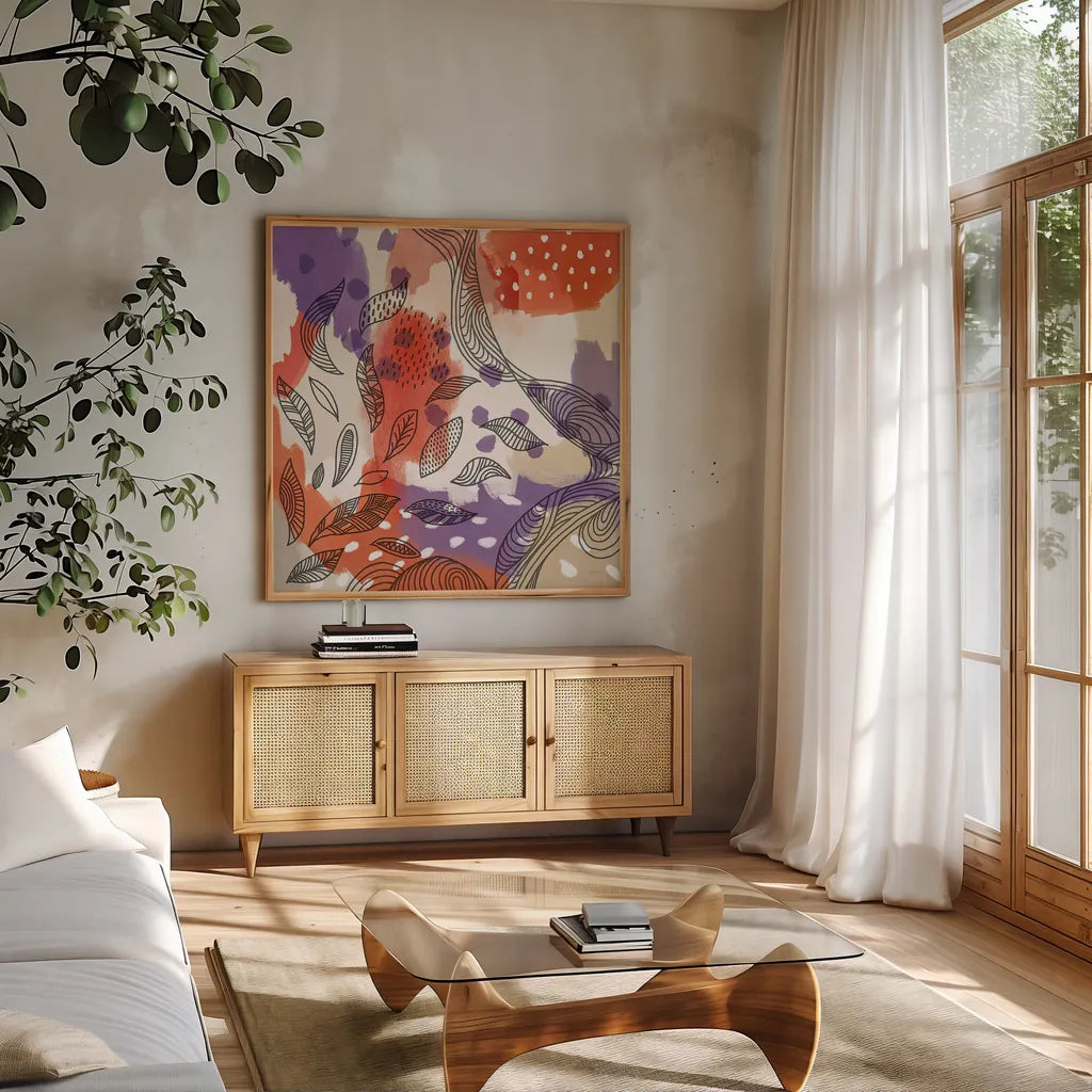 Bright Life III Red Yellow Line Crop by Mary Urban. Shown in a natural wood frame in a cozy modern living room. Available as an archival giclee rolled canvas, fine art paper, or poster print. SKU 37500a.